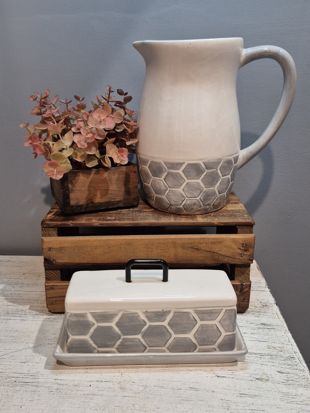 Ceramic Pitcher And Matching Butter Dish Farmhouse Rustic Kitchen Decor Set LN